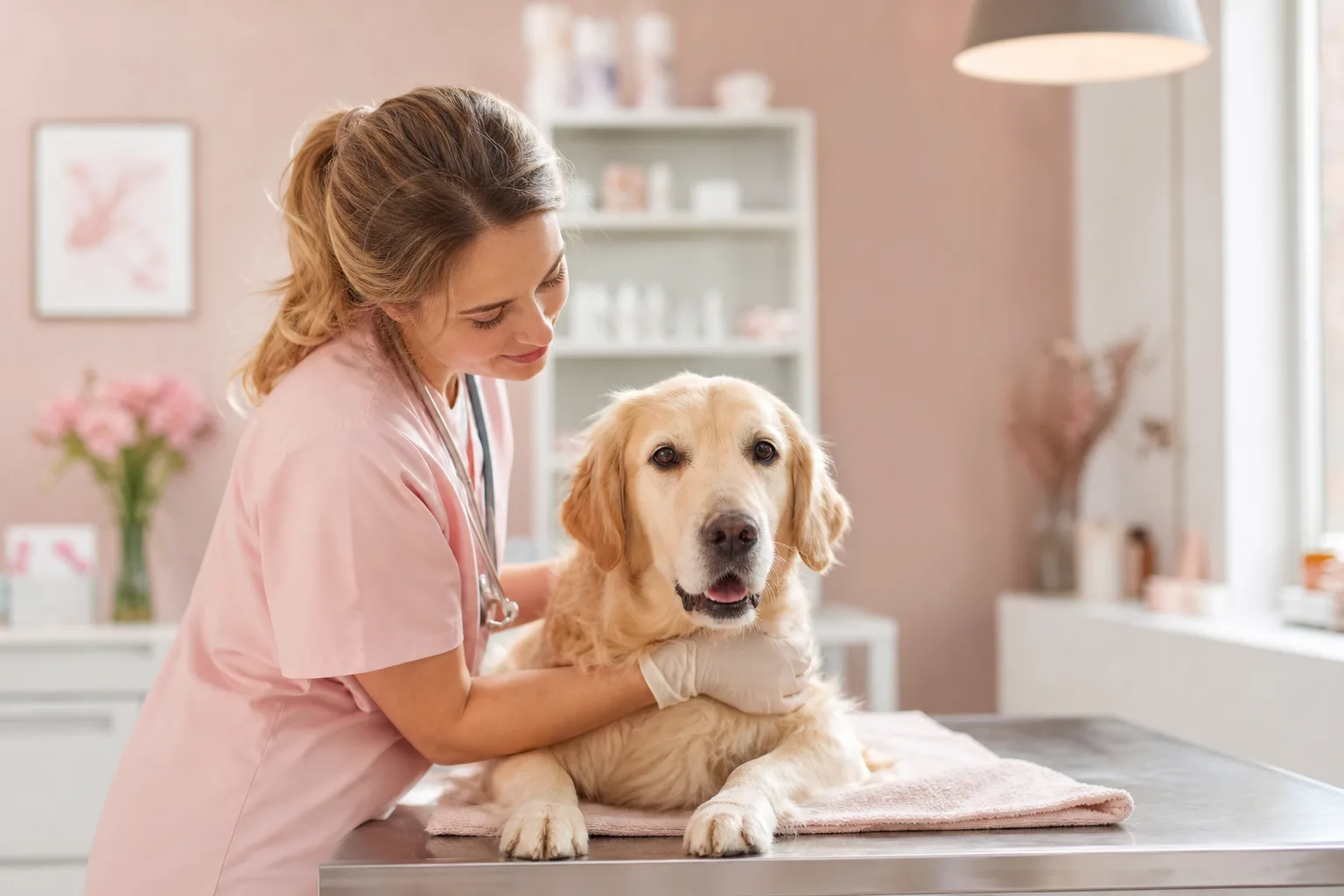 Une vétérinaire examine un chien rassuré aux côtés de sa propriétaire dans une clinique vétérinaire.