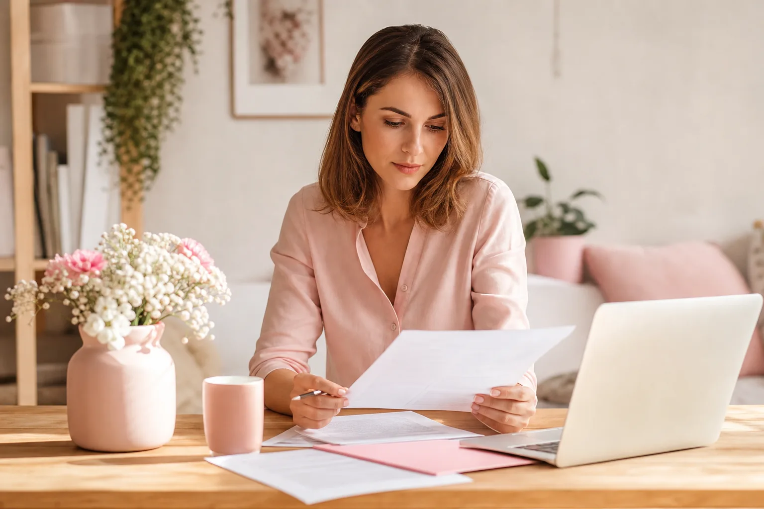 Femme consultant un avis d’échéance d’assurance auto et préparant une lettre de résiliation sur son ordinateur.