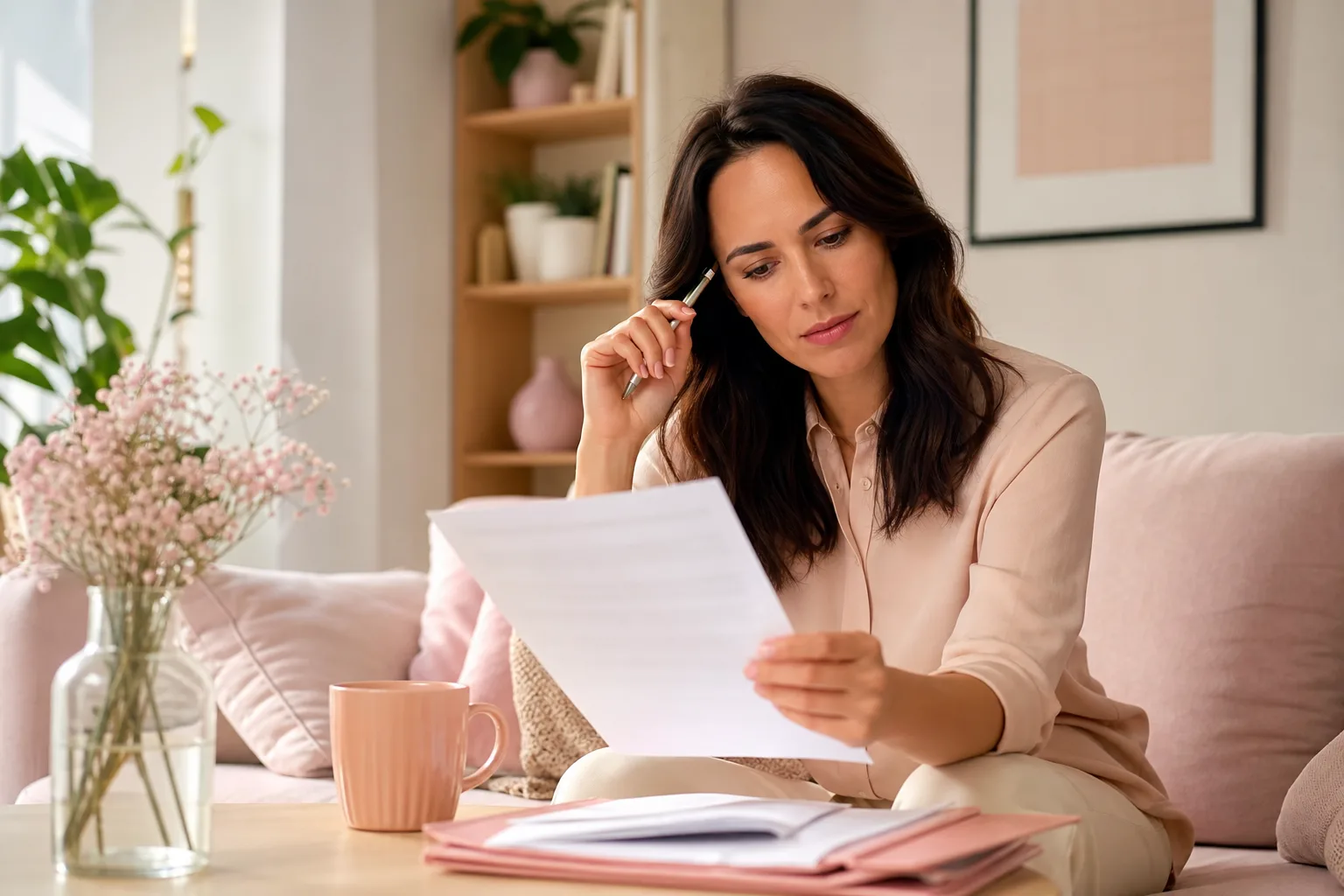 Femme consultant ses documents d’assurance habitation et préparant une résiliation de contrat logement.