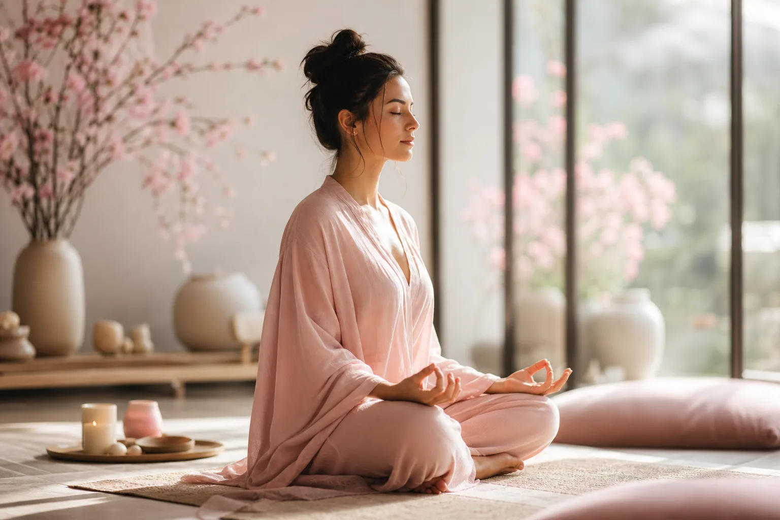 Femme assise en méditation dans un jardin calme d’un centre de retraite spirituelle.