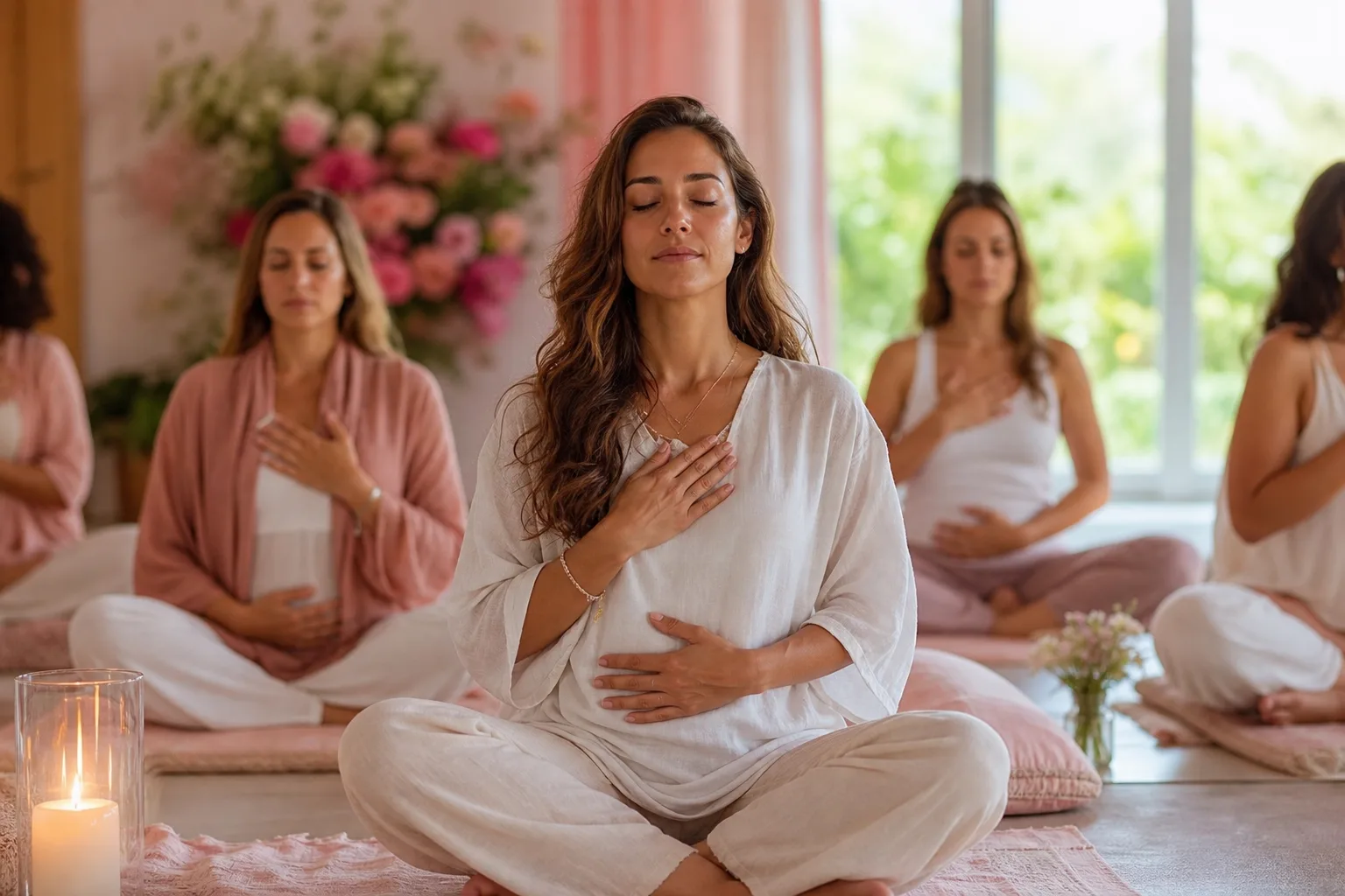 Femme assise en méditation face à un paysage naturel lors d’une retraite spirituelle dédiée au corps.