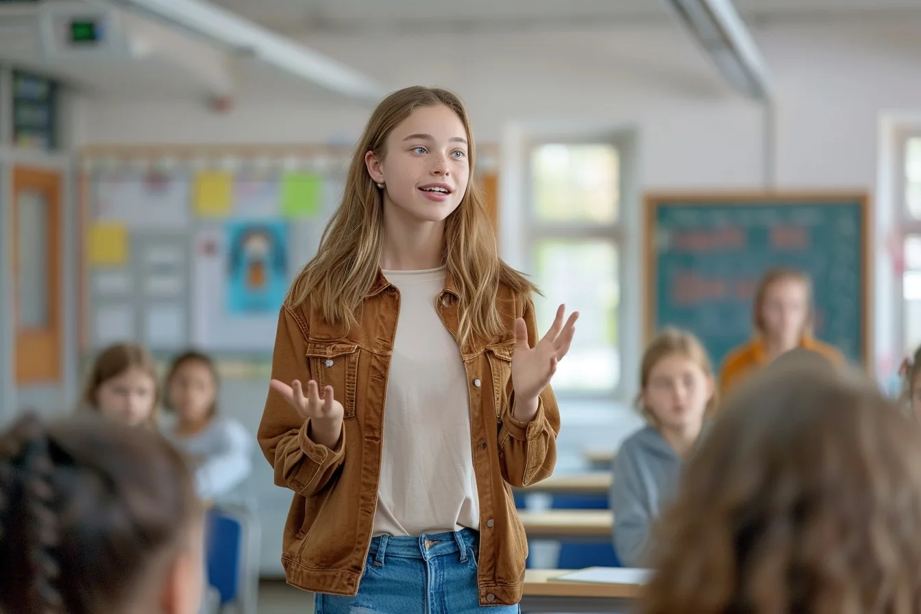 Collégienne préparant la conclusion de sa présentation orale du brevet devant ses notes et un chronomètre.