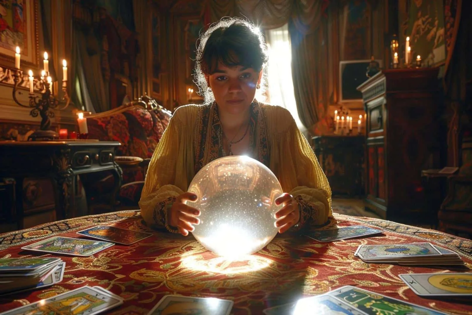 Consultation de voyance à Paris avec cartes de tarot, carnet de notes et bougie sur une table élégante.