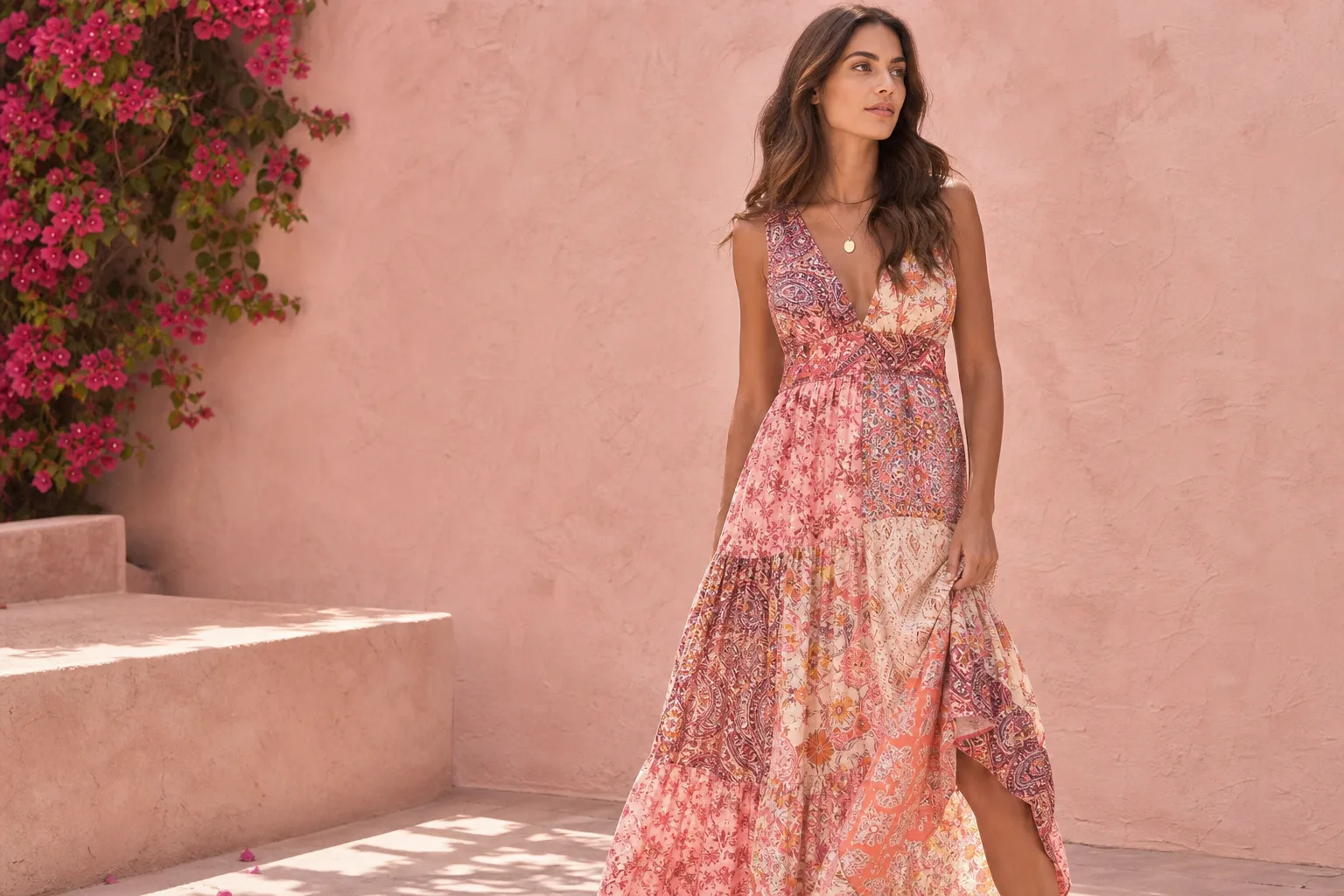 Femme portant une robe longue Desigual imprimée, associée à des sandales et une veste courte.