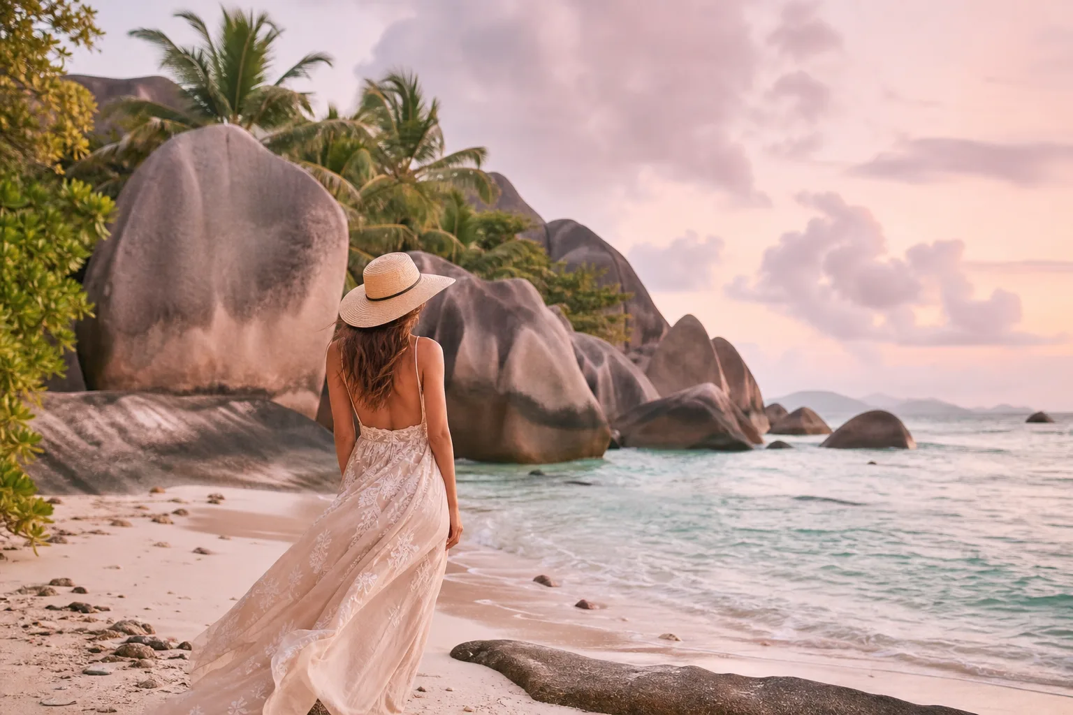 Vue d’Anse Source d’Argent à La Digue, aux Seychelles, avec ses rochers granitiques, son sable clair et ses palmiers.
