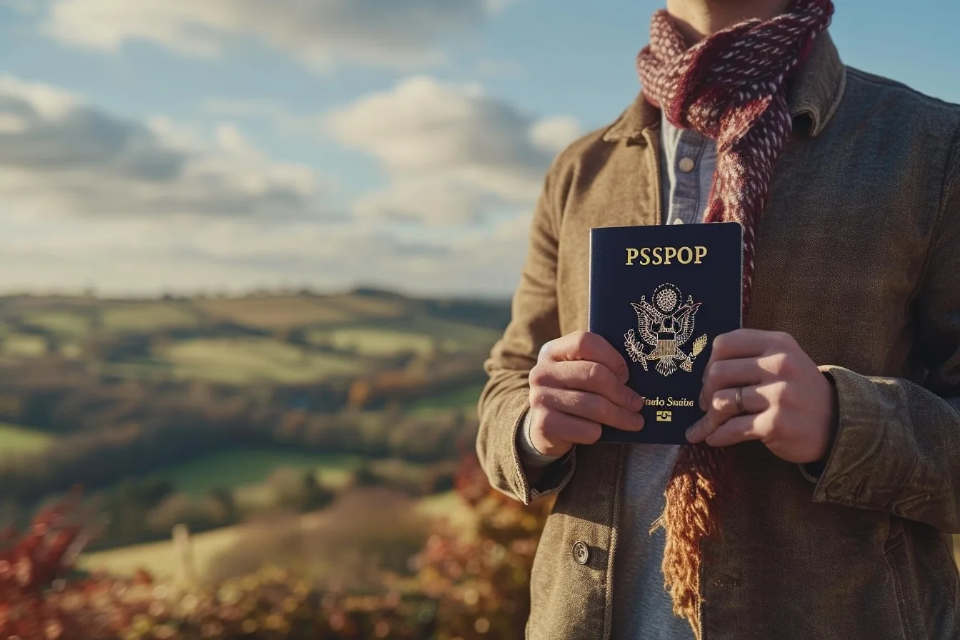 Adulte suivant un cours d’anglais dans une école de langues en Angleterre, avec cahier et ordinateur portable.