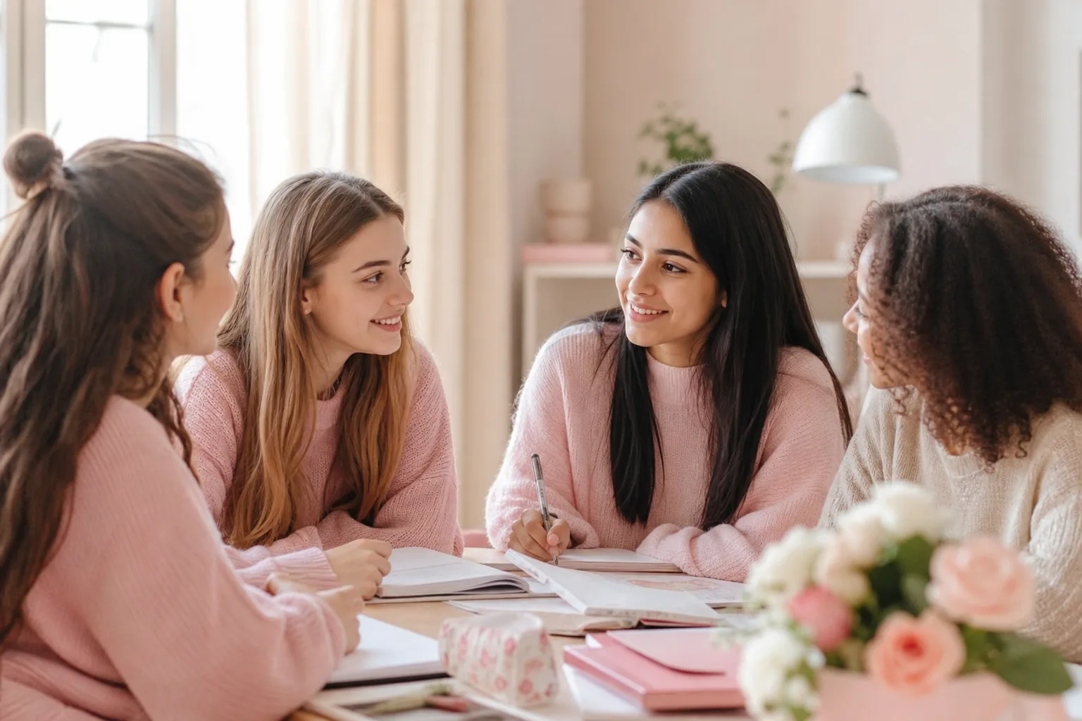 Adolescente en séjour linguistique échangeant en anglais avec sa famille d’accueil autour d’une table.
