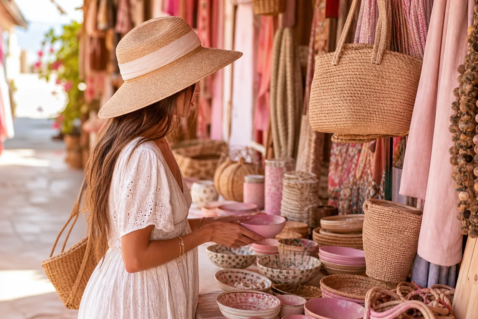 Étal de souvenirs artisanaux, épices colorées et textiles kangas dans les ruelles de Stone Town à Zanzibar.