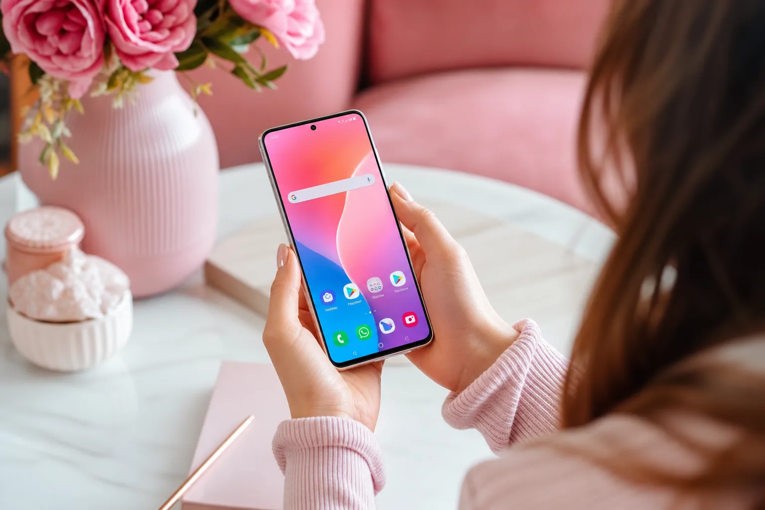 Comparatif de smartphones Android abordables posés sur une table, avec écrans lumineux et accessoires du quotidien.