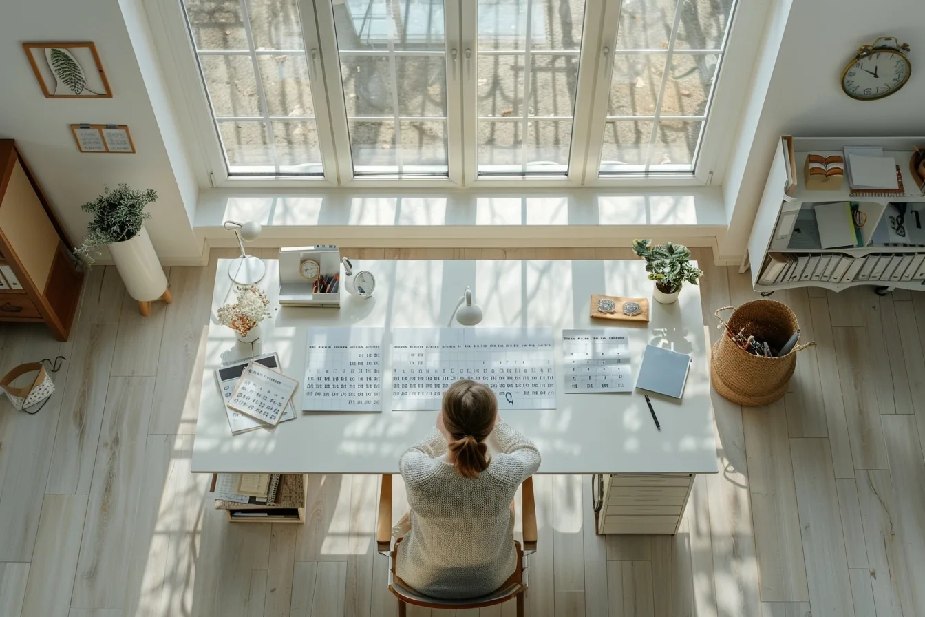 Femme professionnelle organisant ses priorités sur un agenda, un ordinateur et un tableau de tâches au bureau.
