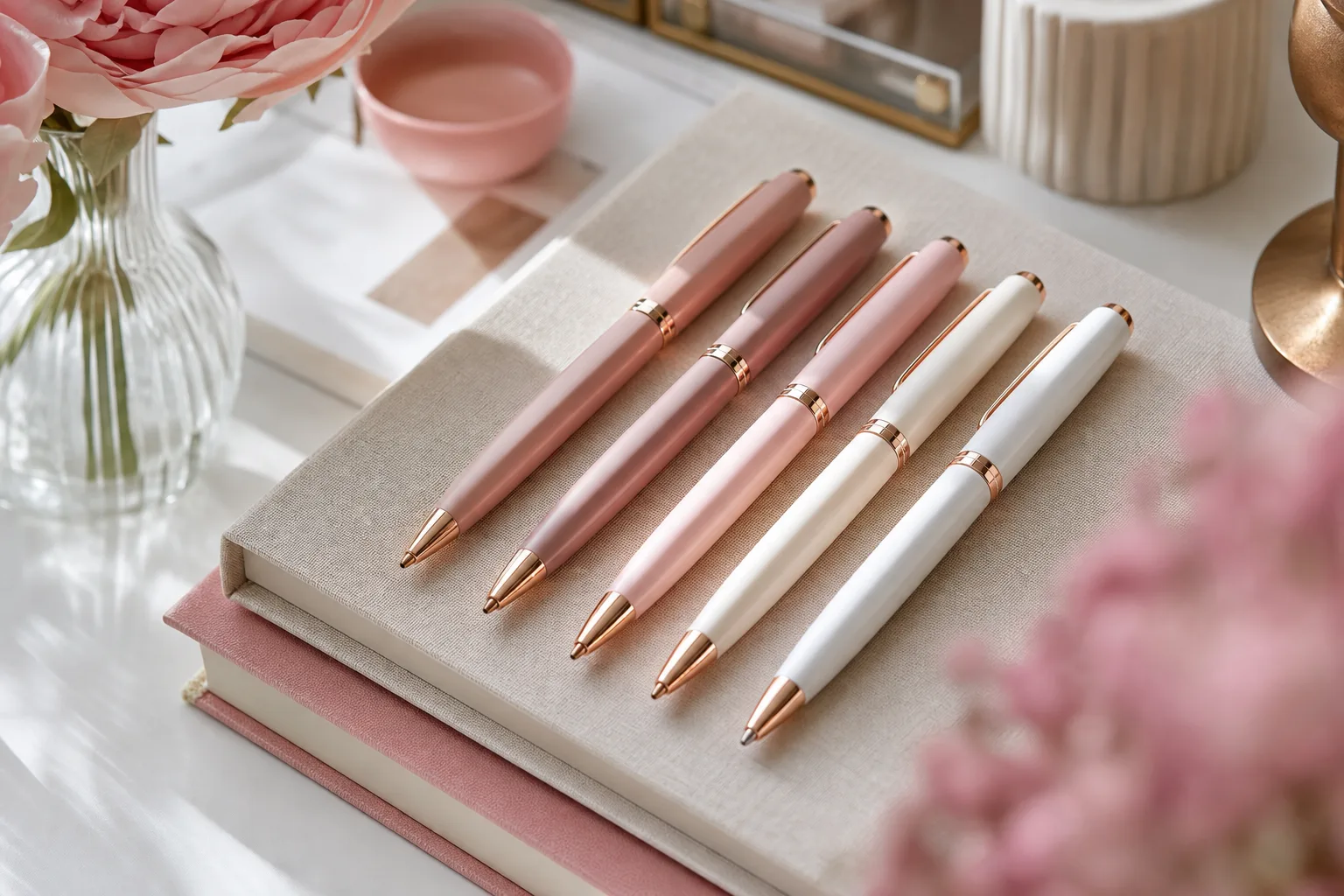 Sélection de stylos personnalisés avec logo, montrant différents marquages en couleur et gravés.
