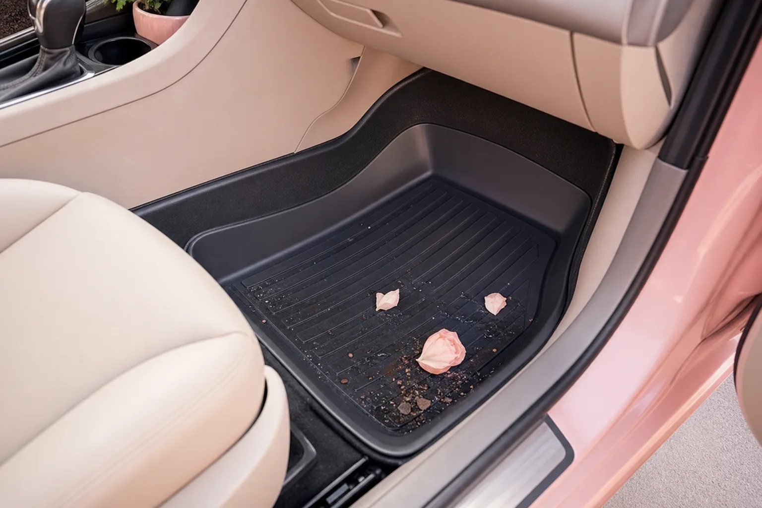 Tapis de sol sur mesure noir à rebords latéraux installé dans le plancher avant d’une voiture, avec reliefs retenant l’eau et la boue.