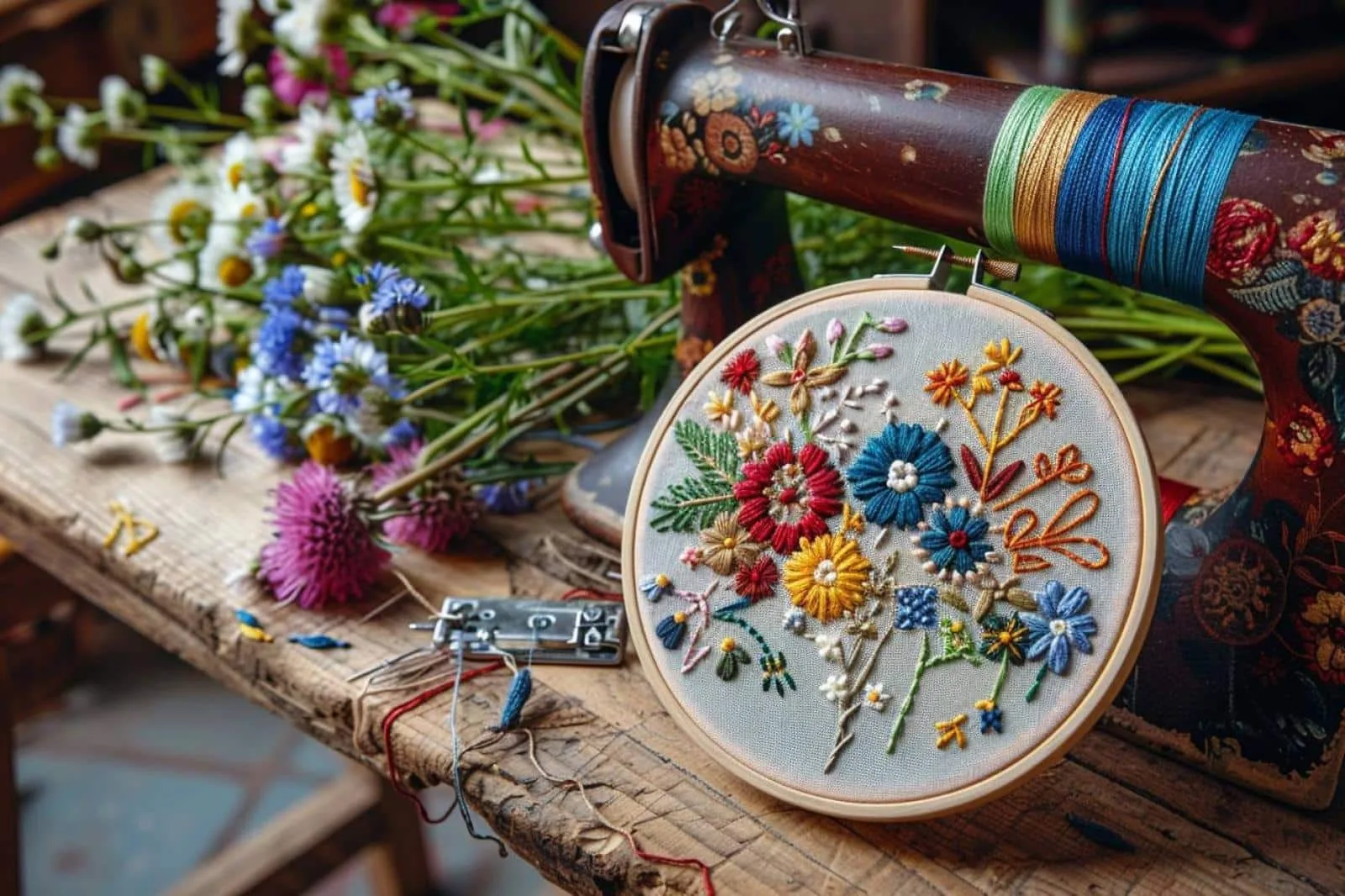 Main brodant un motif floral coloré sur une pochette en tissu posée dans un cercle à broder.