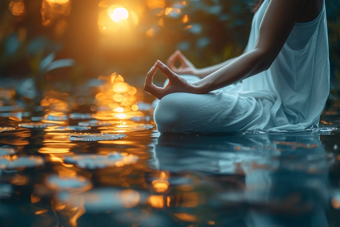 Femme assise confortablement chez elle, les yeux fermés, pratiquant un exercice de respiration pour se détendre.