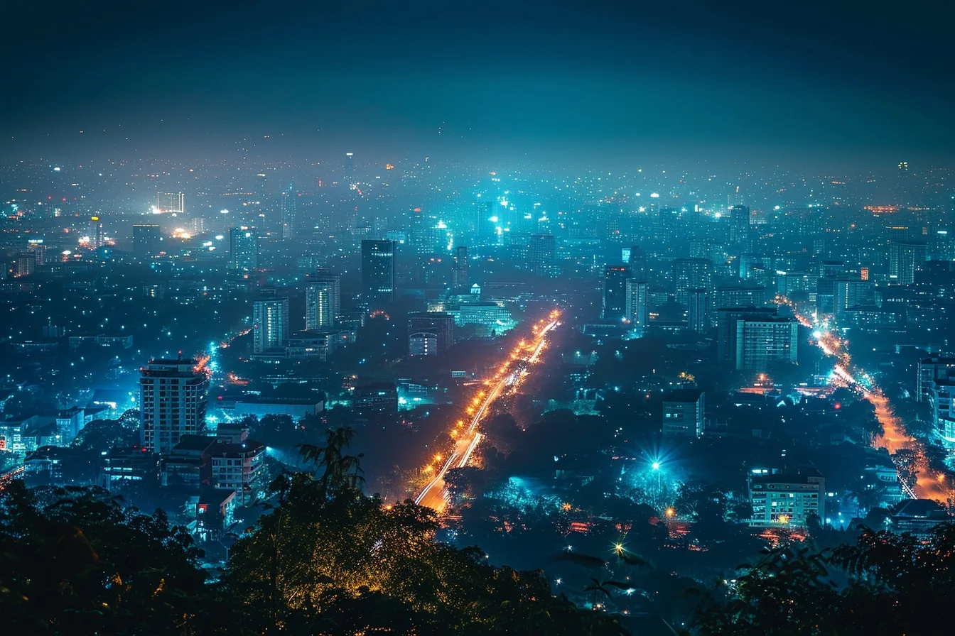 Vue nocturne d’un paysage urbain avec immeubles illuminés, traînées de phares et reflets sur une chaussée humide.