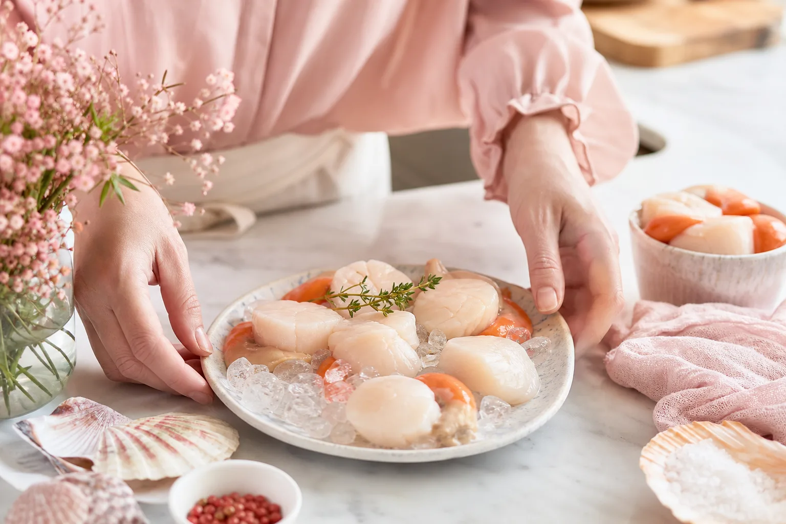Noix de Saint-Jacques fraîches déposées sur un lit de glace dans un plat de cuisine.