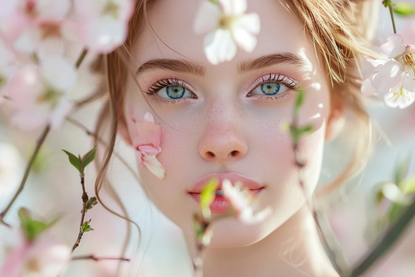 Maquillage pastel de printemps avec paupières lavande, joues pêche et teint frais lumineux.