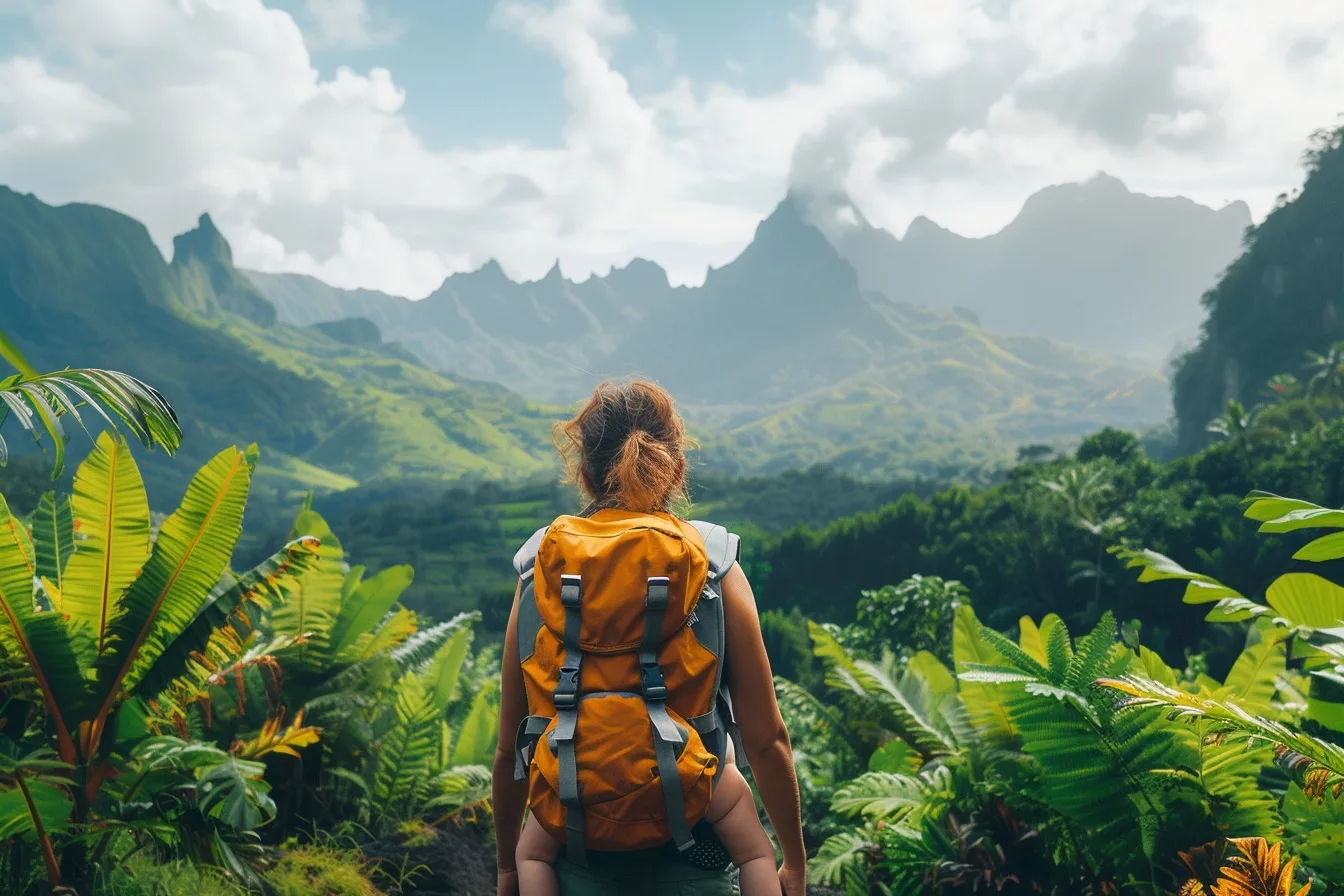 Parent portant un jeune enfant dans un porte-bébé dorsal de randonnée sur un sentier de montagne.