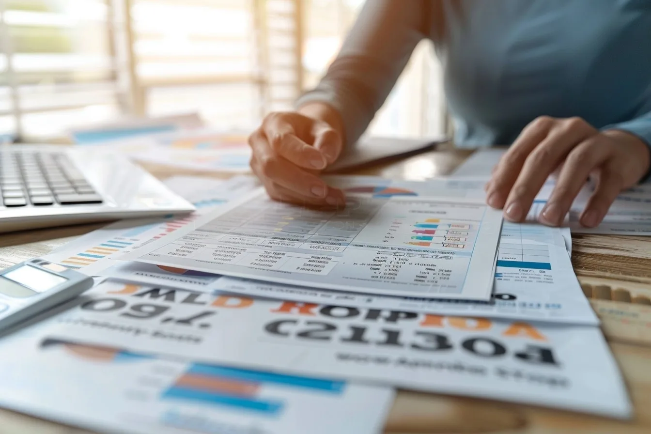 Femme consultant son budget et ses échéances de crédit sur un ordinateur portable avant une demande de financement.