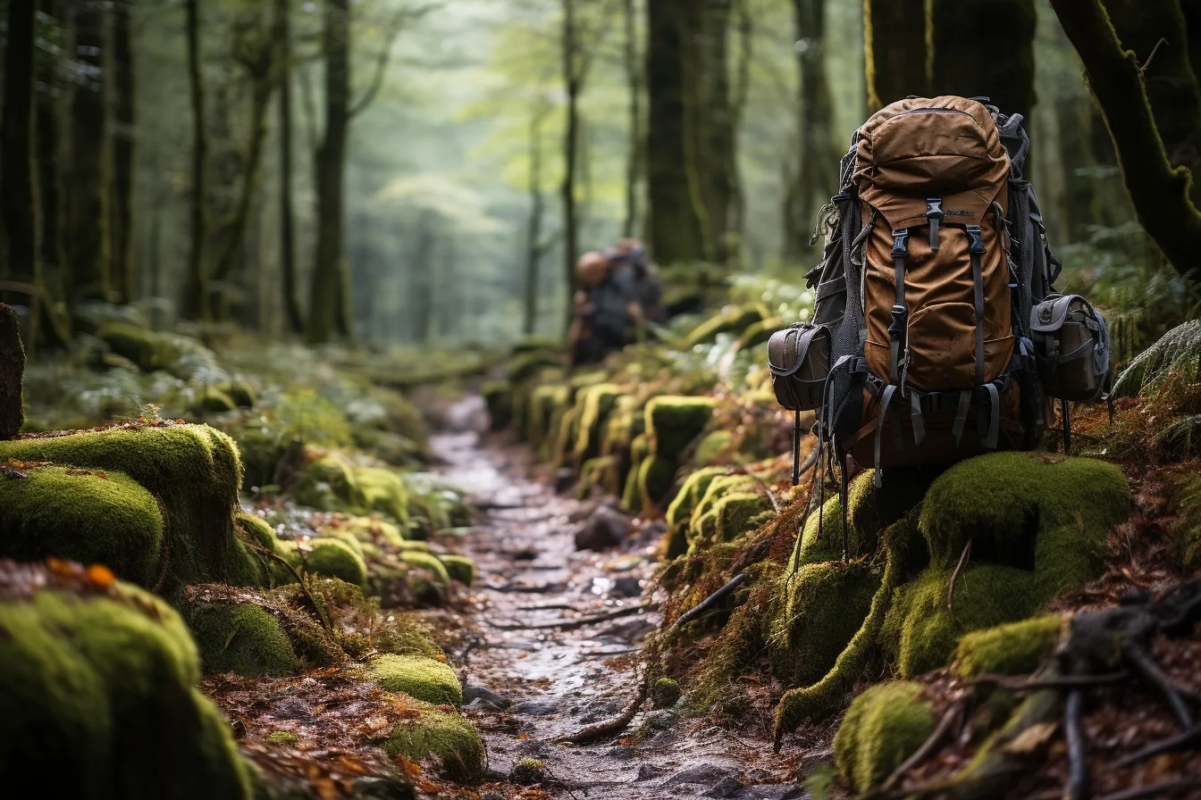 Randonneuse sur un sentier sablonneux bordé de rochers de grès dans la forêt de Fontainebleau.