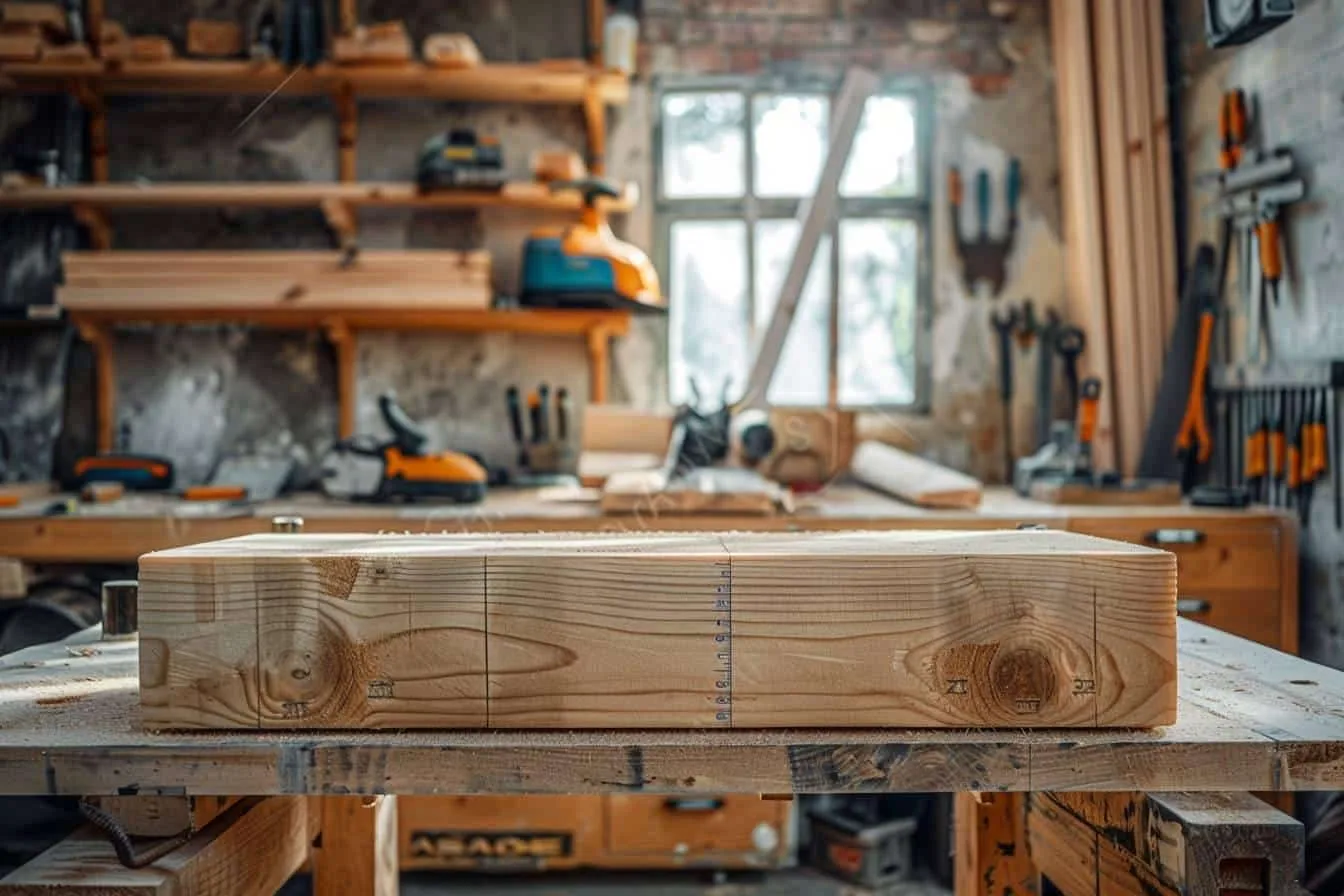 Bastaings en bois empilés dans un atelier de bricolage, prêts à servir à la construction d’une structure extérieure.