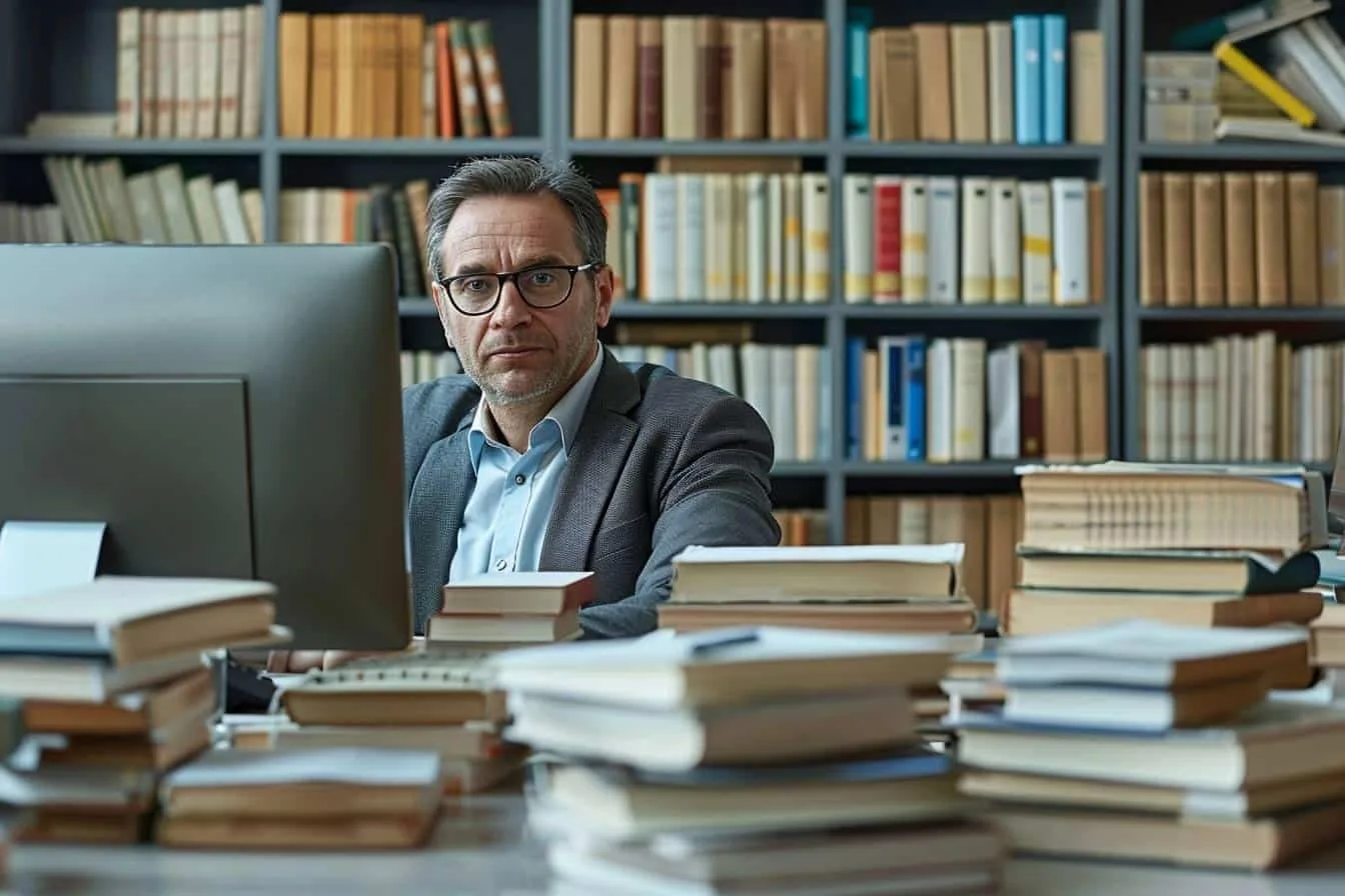 Professionnelle relisant un glossaire bilingue et des documents spécialisés sur son ordinateur
