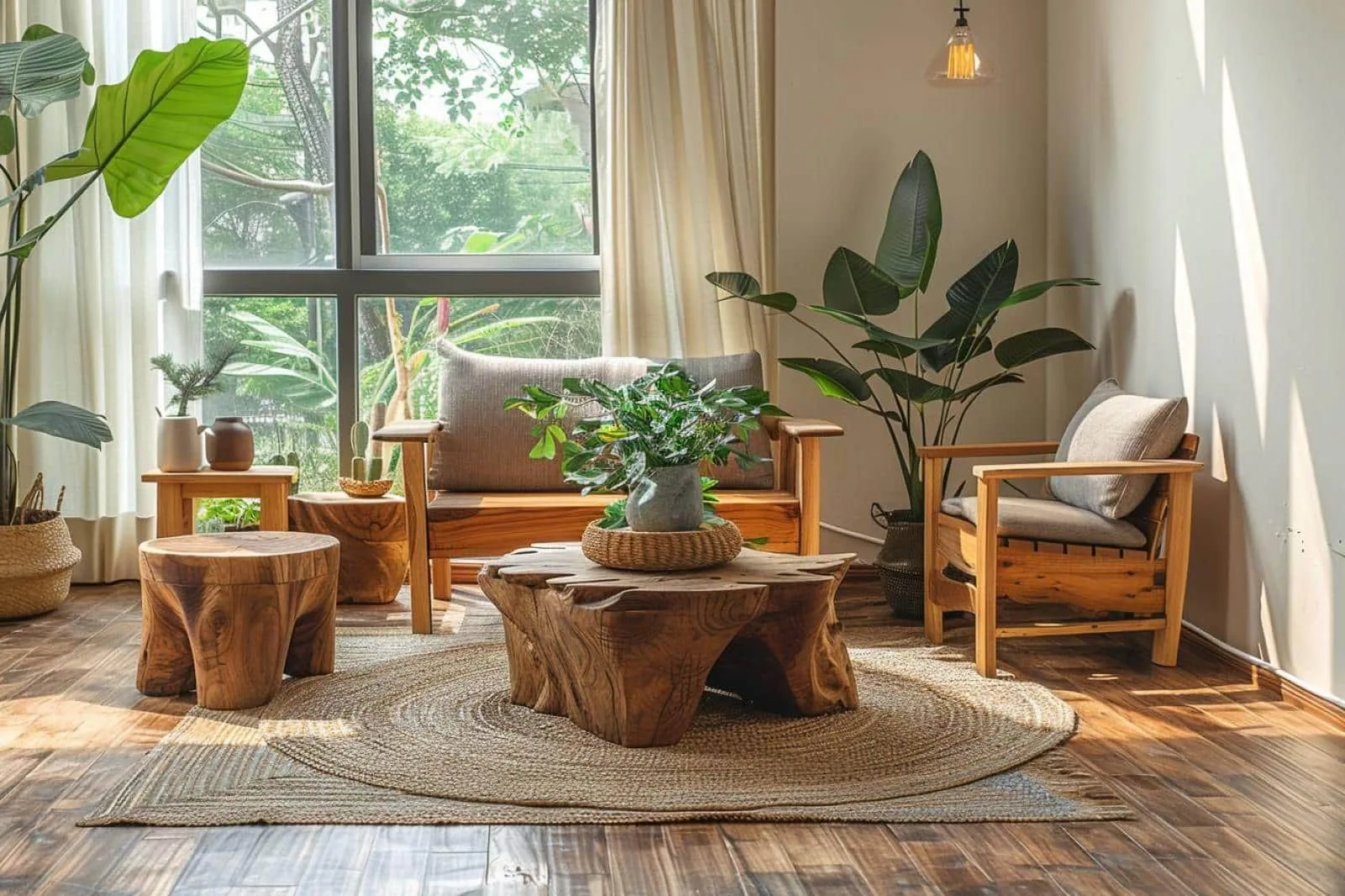 Étagères murales, banc et objets déco fabriqués en bois de récupération dans un intérieur lumineux et chaleureux.