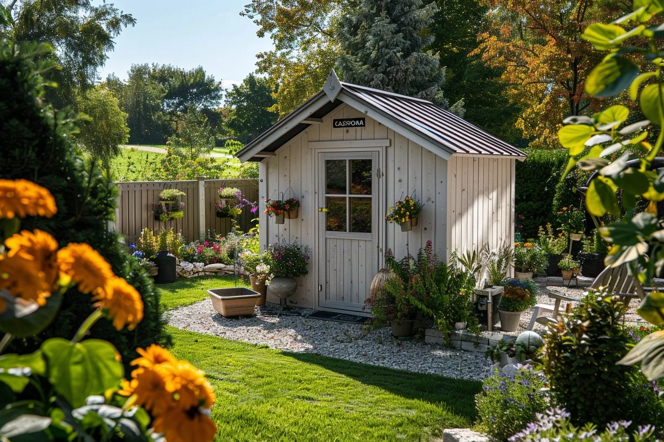 Abri de jardin moderne installé dans un jardin aménagé, avec outils de jardinage rangés à l’intérieur.