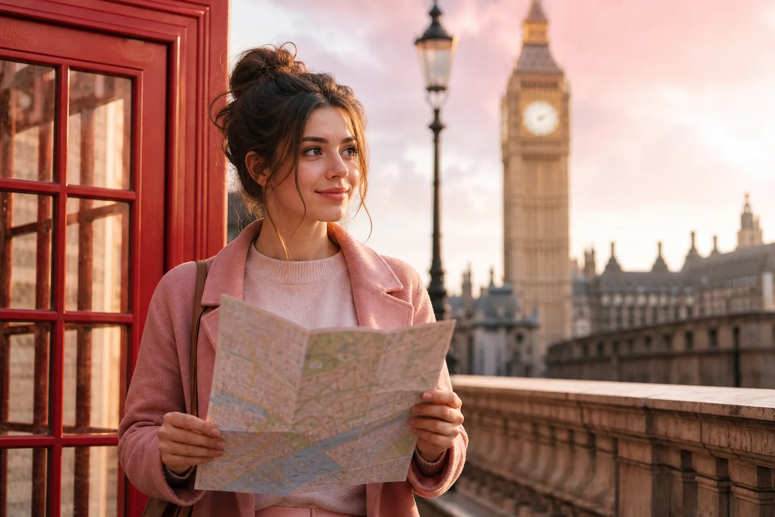 Jeune femme préparant un séjour linguistique à l’étranger avec passeport, carnet de notes et carte du monde.