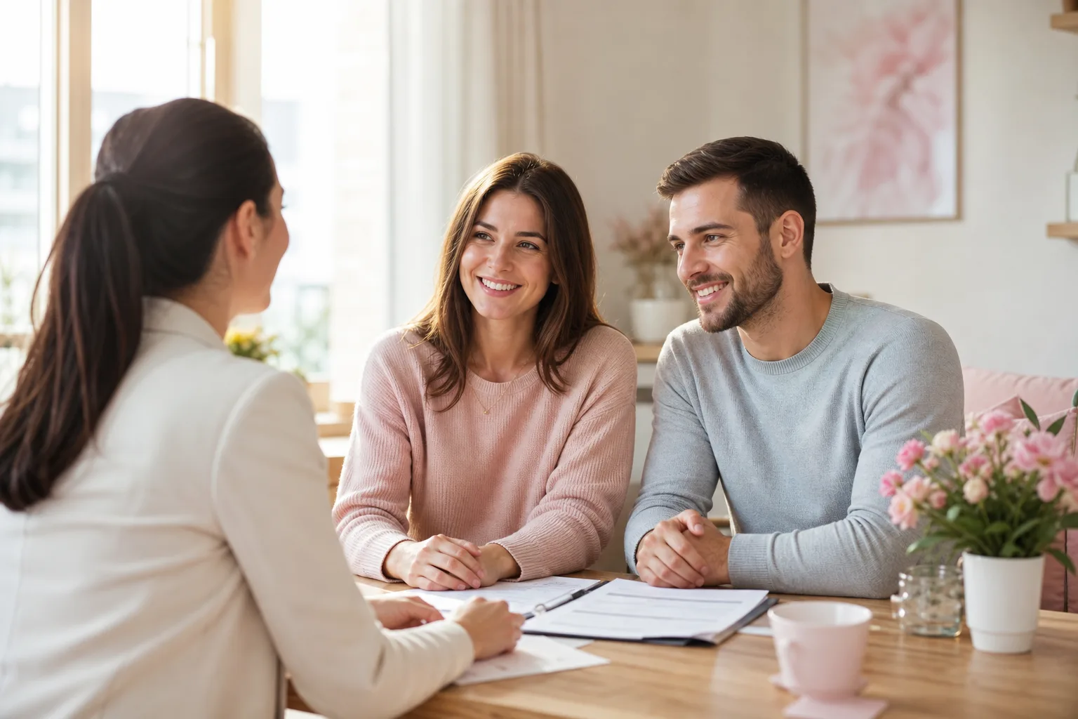 Couple examinant une offre de prêt immobilier et calculant la négociation de son taux avec une conseillère bancaire.