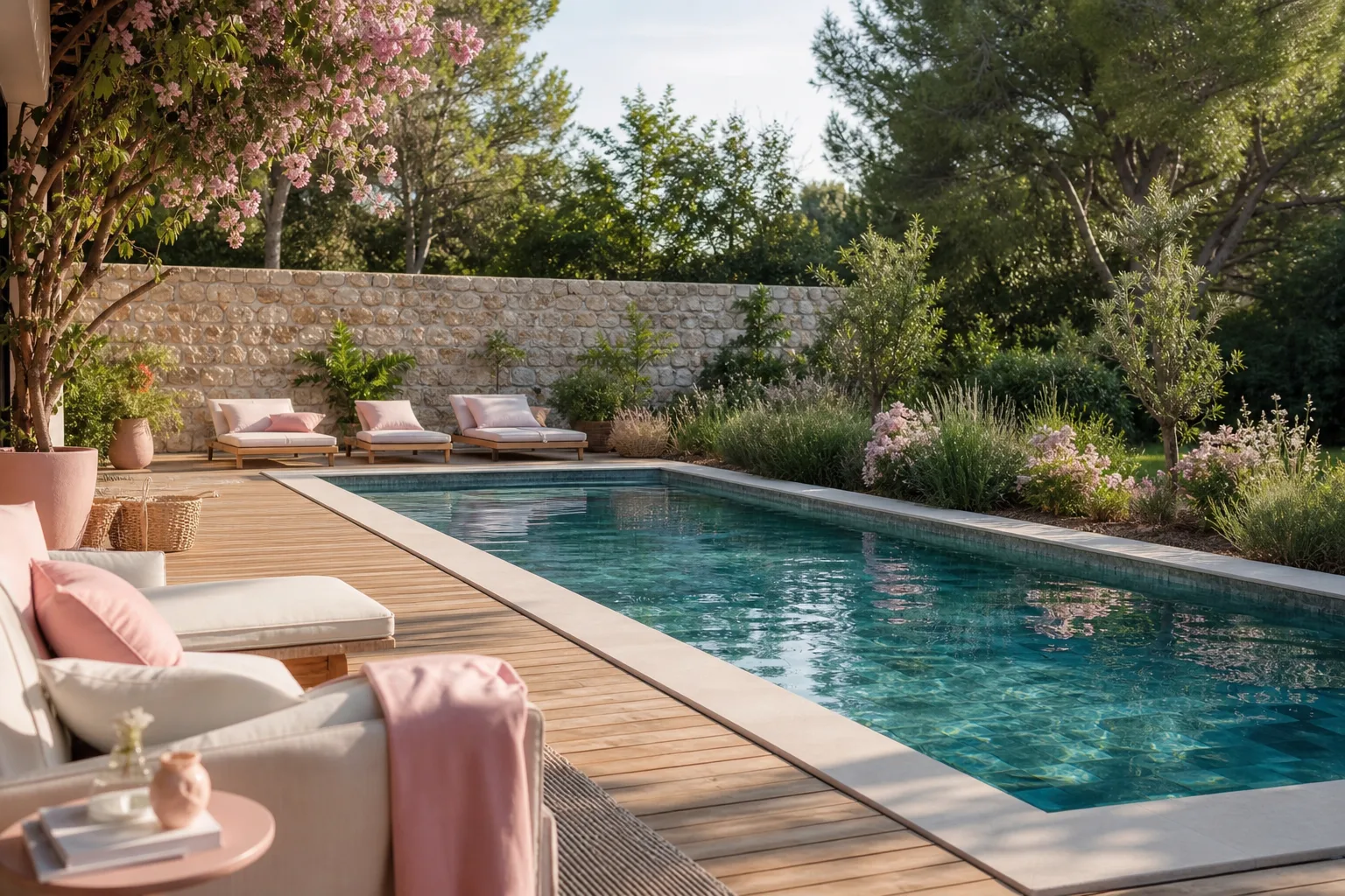 Piscine contemporaine dans un jardin avec eau turquoise et revêtement intérieur clair.