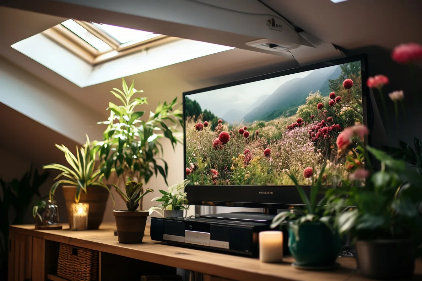 Salon chaleureux équipé d’un vidéoprojecteur projetant un film sur un grand écran blanc pour une séance home cinéma.