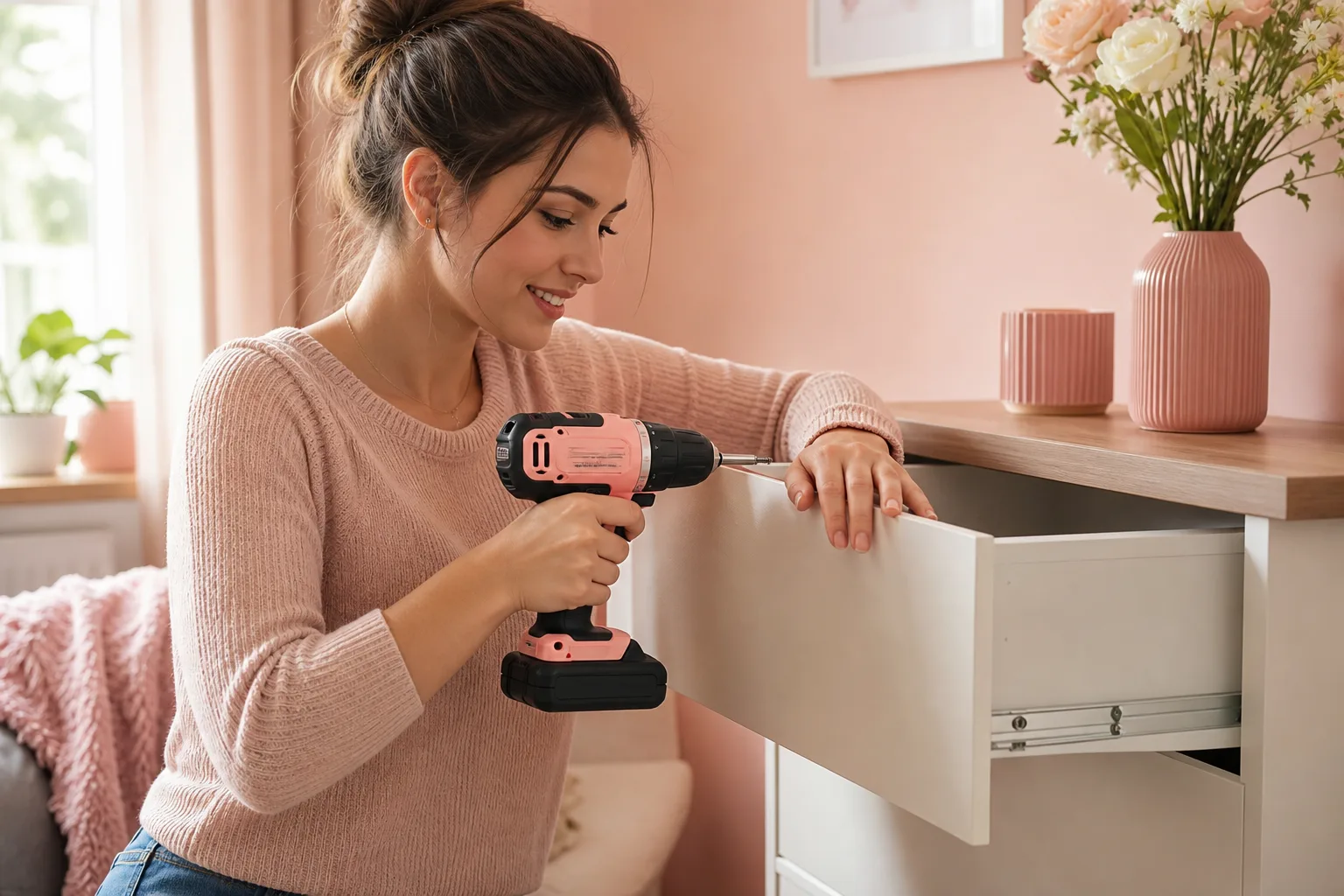 Visseuse sans fil à moteur brushless posée sur un établi avec batterie lithium-ion et embouts de vissage.