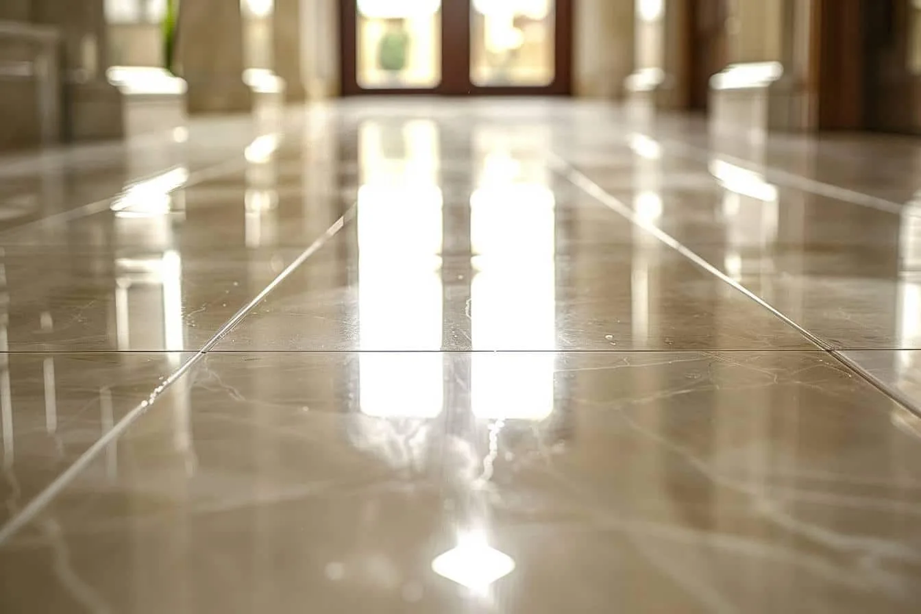 Sol en carrelage ancien propre et brillant après un traitement de protection vitrifiant