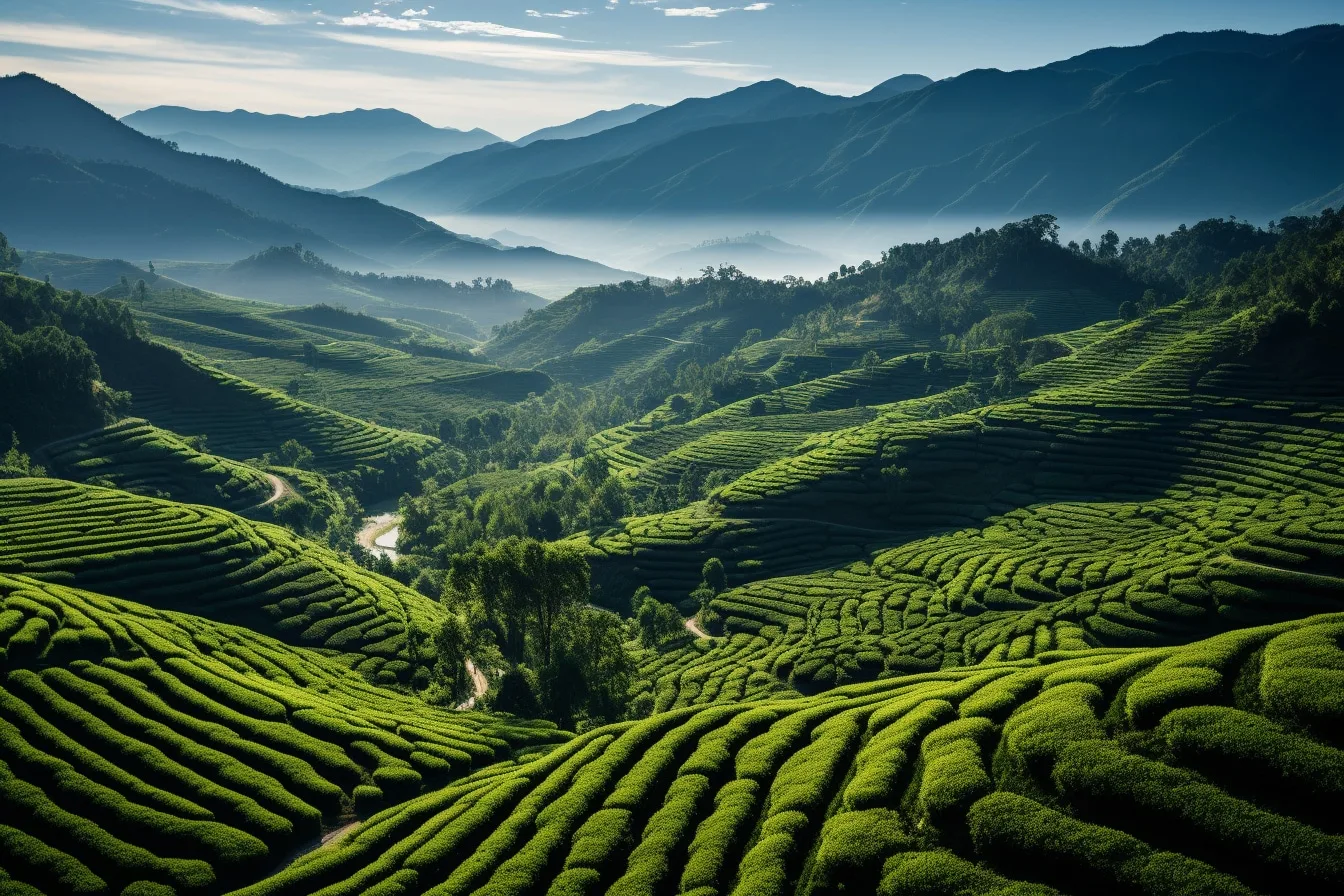 Voyageuse admirant les plantations de thé verdoyantes et les montagnes brumeuses du Sri Lanka au lever du jour.