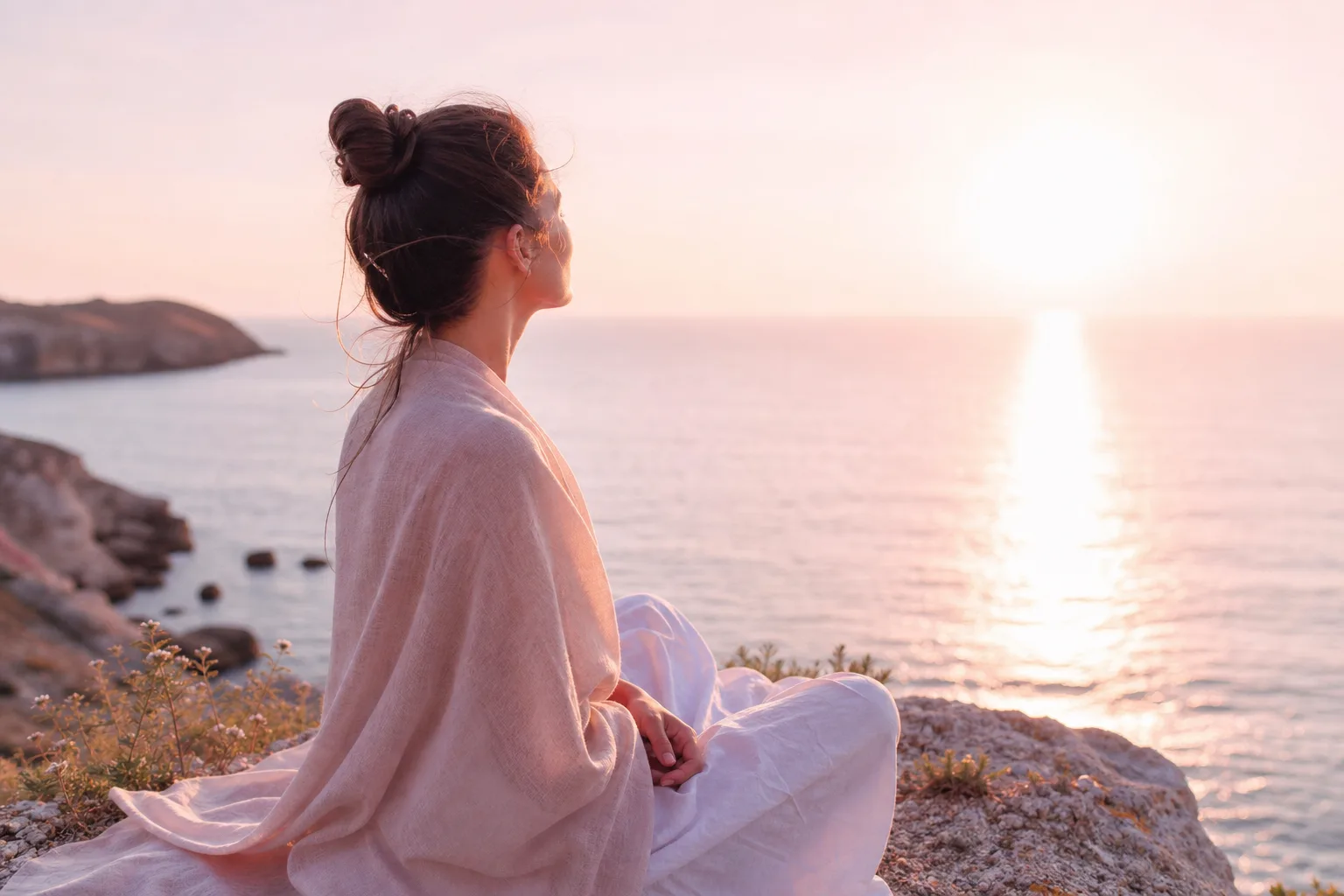 Femme assise face à un lac de montagne au lever du soleil, dans une ambiance de retraite spirituelle apaisante.